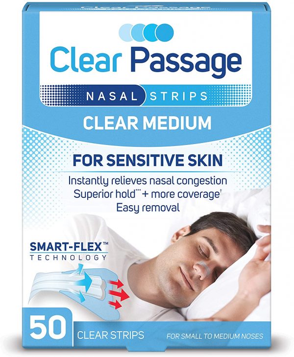 Clear Passage Nasal Strips Medium, Clear, 50 ct | Works Instantly to Improve Sleep, Reduce Snoring, & Relieve Nasal Congestion Due to Colds & Allergies